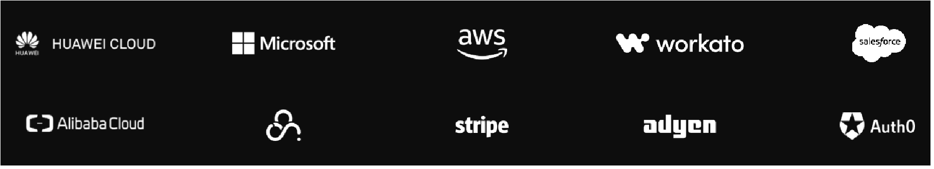 Our partners: Huawei Cloud, Microsoft, AWS, Workato, Salesforce, Alibaba Cloud, Partner, Stripe, Adyen, Auth0